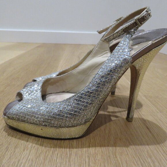 JIMMY CHOO Nova Slingback Sparkle Glitter Platform Peep Toe Heels Cocktail US 6 - Picture 2 of 15